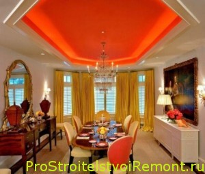 Дизайн яркого подвесного потолка в столовой и в гостиной фото
